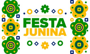 Brezilya 'daki Festa Junina. Brezilya festivali. İyi tatiller. Brezilya bayrağı. Karnaval ve geçit töreni. Yaz eğlencesi partisi. Vektör illüstrasyonu