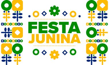 Brezilya 'daki Festa Junina. Brezilya festivali. İyi tatiller. Brezilya bayrağı. Karnaval ve geçit töreni. Yaz eğlencesi partisi. Vektör illüstrasyonu