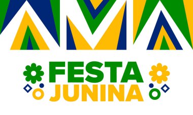 Brezilya 'daki Festa Junina. Brezilya festivali. İyi tatiller. Brezilya bayrağı. Karnaval ve geçit töreni. Yaz eğlencesi partisi. Vektör illüstrasyonu