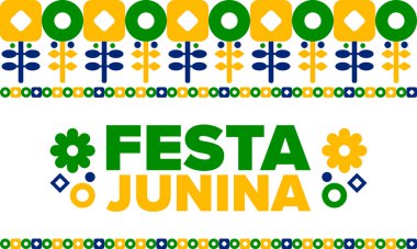 Brezilya 'daki Festa Junina. Brezilya festivali. İyi tatiller. Brezilya bayrağı. Karnaval ve geçit töreni. Yaz eğlencesi partisi. Vektör illüstrasyonu