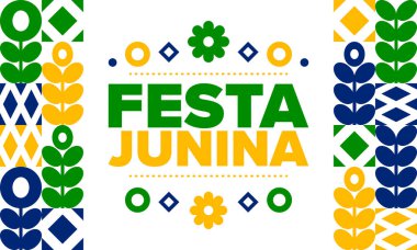 Brezilya 'daki Festa Junina. Brezilya festivali. İyi tatiller. Brezilya bayrağı. Karnaval ve geçit töreni. Yaz eğlencesi partisi. Vektör illüstrasyonu