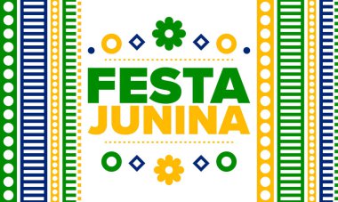 Brezilya 'daki Festa Junina. Brezilya festivali. İyi tatiller. Brezilya bayrağı. Karnaval ve geçit töreni. Yaz eğlencesi partisi. Vektör illüstrasyonu