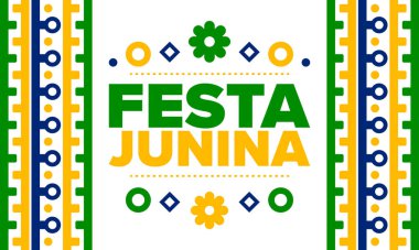 Brezilya 'daki Festa Junina. Brezilya festivali. İyi tatiller. Brezilya bayrağı. Karnaval ve geçit töreni. Yaz eğlencesi partisi. Vektör illüstrasyonu