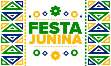 Brezilya 'daki Festa Junina. Brezilya festivali. İyi tatiller. Brezilya bayrağı. Karnaval ve geçit töreni. Yaz eğlencesi partisi. Vektör illüstrasyonu