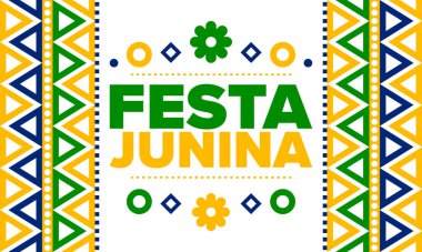 Brezilya 'daki Festa Junina. Brezilya festivali. İyi tatiller. Brezilya bayrağı. Karnaval ve geçit töreni. Yaz eğlencesi partisi. Vektör illüstrasyonu