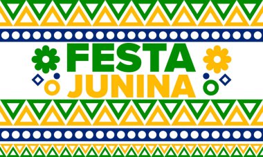 Brezilya 'daki Festa Junina. Brezilya festivali. İyi tatiller. Brezilya bayrağı. Karnaval ve geçit töreni. Yaz eğlencesi partisi. Vektör illüstrasyonu