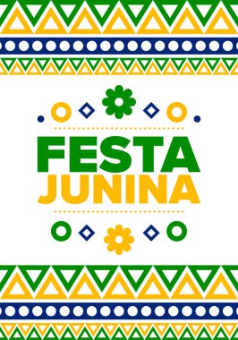 Brezilya 'daki Festa Junina. Brezilya festivali. İyi tatiller. Brezilya bayrağı. Karnaval ve geçit töreni. Yaz eğlencesi partisi. Vektör illüstrasyonu