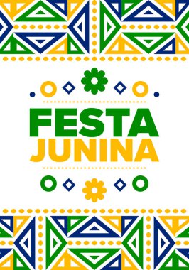 Brezilya 'daki Festa Junina. Brezilya festivali. İyi tatiller. Brezilya bayrağı. Karnaval ve geçit töreni. Yaz eğlencesi partisi. Vektör illüstrasyonu