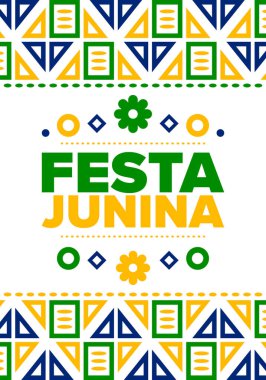 Brezilya 'daki Festa Junina. Brezilya festivali. İyi tatiller. Brezilya bayrağı. Karnaval ve geçit töreni. Yaz eğlencesi partisi. Vektör illüstrasyonu