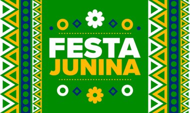 Brezilya 'daki Festa Junina. Brezilya festivali. İyi tatiller. Brezilya bayrağı. Karnaval ve geçit töreni. Yaz eğlencesi partisi. Vektör illüstrasyonu