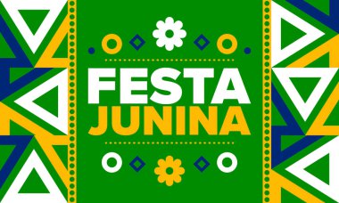 Brezilya 'daki Festa Junina. Brezilya festivali. İyi tatiller. Brezilya bayrağı. Karnaval ve geçit töreni. Yaz eğlencesi partisi. Vektör illüstrasyonu