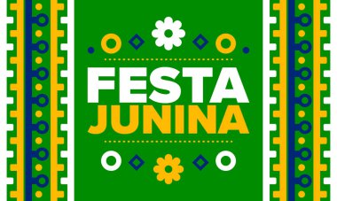 Brezilya 'daki Festa Junina. Brezilya festivali. İyi tatiller. Brezilya bayrağı. Karnaval ve geçit töreni. Yaz eğlencesi partisi. Vektör illüstrasyonu