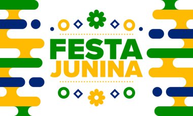 Brezilya 'daki Festa Junina. Brezilya festivali. İyi tatiller. Brezilya bayrağı. Karnaval ve geçit töreni. Yaz eğlencesi partisi. Vektör illüstrasyonu