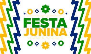 Brezilya 'daki Festa Junina. Brezilya festivali. İyi tatiller. Brezilya bayrağı. Karnaval ve geçit töreni. Yaz eğlencesi partisi. Vektör illüstrasyonu