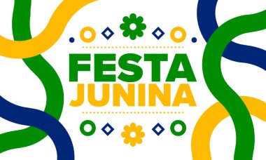 Brezilya 'daki Festa Junina. Brezilya festivali. İyi tatiller. Brezilya bayrağı. Karnaval ve geçit töreni. Yaz eğlencesi partisi. Vektör illüstrasyonu