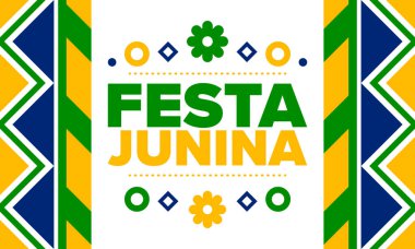Brezilya 'daki Festa Junina. Brezilya festivali. İyi tatiller. Brezilya bayrağı. Karnaval ve geçit töreni. Yaz eğlencesi partisi. Vektör illüstrasyonu