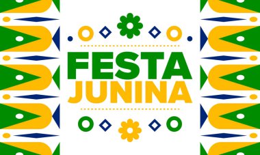 Brezilya 'daki Festa Junina. Brezilya festivali. İyi tatiller. Brezilya bayrağı. Karnaval ve geçit töreni. Yaz eğlencesi partisi. Vektör illüstrasyonu