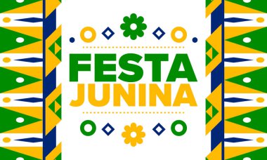 Brezilya 'daki Festa Junina. Brezilya festivali. İyi tatiller. Brezilya bayrağı. Karnaval ve geçit töreni. Yaz eğlencesi partisi. Vektör illüstrasyonu