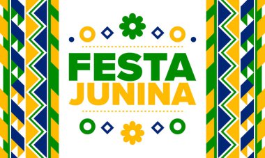 Brezilya 'daki Festa Junina. Brezilya festivali. İyi tatiller. Brezilya bayrağı. Karnaval ve geçit töreni. Yaz eğlencesi partisi. Vektör illüstrasyonu