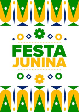 Brezilya 'daki Festa Junina. Brezilya festivali. İyi tatiller. Brezilya bayrağı. Karnaval ve geçit töreni. Yaz eğlencesi partisi. Vektör illüstrasyonu