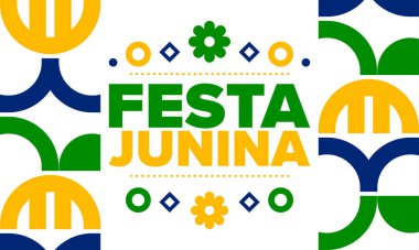 Brezilya 'daki Festa Junina. Brezilya festivali. İyi tatiller. Brezilya bayrağı. Karnaval ve geçit töreni. Yaz eğlencesi partisi. Vektör illüstrasyonu