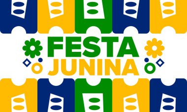 Brezilya 'daki Festa Junina. Brezilya festivali. İyi tatiller. Brezilya bayrağı. Karnaval ve geçit töreni. Yaz eğlencesi partisi. Vektör illüstrasyonu