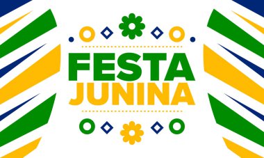 Brezilya 'daki Festa Junina. Brezilya festivali. İyi tatiller. Brezilya bayrağı. Karnaval ve geçit töreni. Yaz eğlencesi partisi. Vektör illüstrasyonu