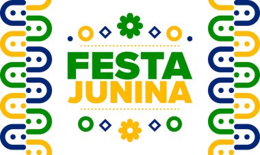 Brezilya 'daki Festa Junina. Brezilya festivali. İyi tatiller. Brezilya bayrağı. Karnaval ve geçit töreni. Yaz eğlencesi partisi. Vektör illüstrasyonu
