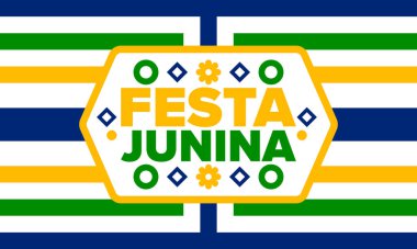 Brezilya 'daki Festa Junina. Brezilya festivali. İyi tatiller. Brezilya bayrağı. Karnaval ve geçit töreni. Yaz eğlencesi partisi. Vektör illüstrasyonu