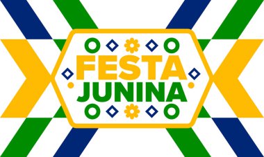 Brezilya 'daki Festa Junina. Brezilya festivali. İyi tatiller. Brezilya bayrağı. Karnaval ve geçit töreni. Yaz eğlencesi partisi. Vektör illüstrasyonu