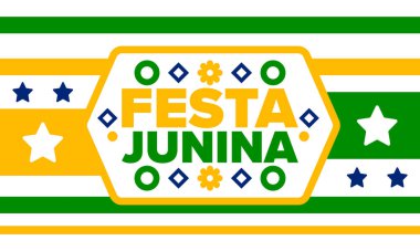 Brezilya 'daki Festa Junina. Brezilya festivali. İyi tatiller. Brezilya bayrağı. Karnaval ve geçit töreni. Yaz eğlencesi partisi. Vektör illüstrasyonu