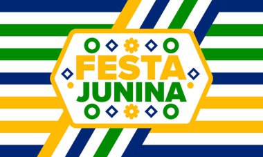 Brezilya 'daki Festa Junina. Brezilya festivali. İyi tatiller. Brezilya bayrağı. Karnaval ve geçit töreni. Yaz eğlencesi partisi. Vektör illüstrasyonu