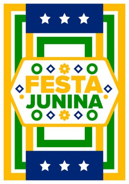 Brezilya 'daki Festa Junina. Brezilya festivali. İyi tatiller. Brezilya bayrağı. Karnaval ve geçit töreni. Yaz eğlencesi partisi. Vektör illüstrasyonu