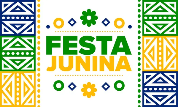 Brezilya 'daki Festa Junina. Brezilya festivali. İyi tatiller. Brezilya bayrağı. Karnaval ve geçit töreni. Yaz eğlencesi partisi. Vektör illüstrasyonu