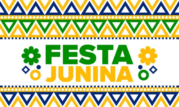 Brezilya 'daki Festa Junina. Brezilya festivali. İyi tatiller. Brezilya bayrağı. Karnaval ve geçit töreni. Yaz eğlencesi partisi. Vektör illüstrasyonu