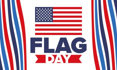 ABD 'de Ulusal Bayrak Günü. ABD 'de yıllık 14 Haziran tatili kutlandı. Amerikan bayrağıyla vatansever tarzı tasarım. Poster, tebrik kartı, afiş ve geçmiş. Vektör illüstrasyonu