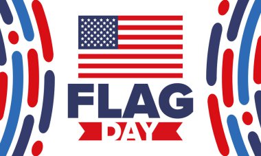 ABD 'de Ulusal Bayrak Günü. ABD 'de yıllık 14 Haziran tatili kutlandı. Amerikan bayrağıyla vatansever tarzı tasarım. Poster, tebrik kartı, afiş ve geçmiş. Vektör illüstrasyonu