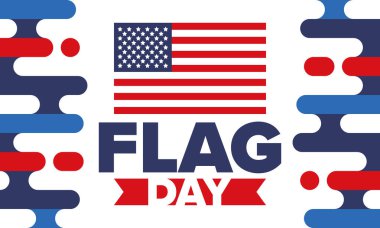 ABD 'de Ulusal Bayrak Günü. ABD 'de yıllık 14 Haziran tatili kutlandı. Amerikan bayrağıyla vatansever tarzı tasarım. Poster, tebrik kartı, afiş ve geçmiş. Vektör illüstrasyonu