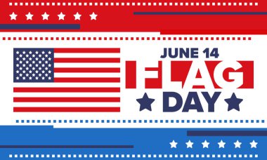 ABD 'de Ulusal Bayrak Günü. ABD 'de yıllık 14 Haziran tatili kutlandı. Amerikan bayrağıyla vatansever tarzı tasarım. Poster, tebrik kartı, afiş ve geçmiş. Vektör illüstrasyonu