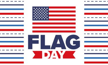 ABD 'de Ulusal Bayrak Günü. ABD 'de yıllık 14 Haziran tatili kutlandı. Amerikan bayrağıyla vatansever tarzı tasarım. Poster, tebrik kartı, afiş ve geçmiş. Vektör illüstrasyonu