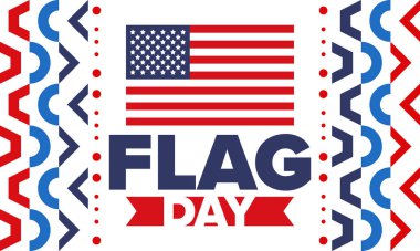 ABD 'de Ulusal Bayrak Günü. ABD 'de yıllık 14 Haziran tatili kutlandı. Amerikan bayrağıyla vatansever tarzı tasarım. Poster, tebrik kartı, afiş ve geçmiş. Vektör illüstrasyonu