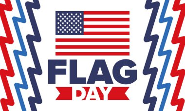 ABD 'de Ulusal Bayrak Günü. ABD 'de yıllık 14 Haziran tatili kutlandı. Amerikan bayrağıyla vatansever tarzı tasarım. Poster, tebrik kartı, afiş ve geçmiş. Vektör illüstrasyonu