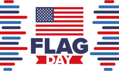 ABD 'de Ulusal Bayrak Günü. ABD 'de yıllık 14 Haziran tatili kutlandı. Amerikan bayrağıyla vatansever tarzı tasarım. Poster, tebrik kartı, afiş ve geçmiş. Vektör illüstrasyonu