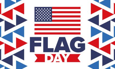 ABD 'de Ulusal Bayrak Günü. ABD 'de yıllık 14 Haziran tatili kutlandı. Amerikan bayrağıyla vatansever tarzı tasarım. Poster, tebrik kartı, afiş ve geçmiş. Vektör illüstrasyonu