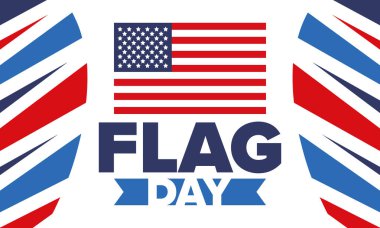 ABD 'de Ulusal Bayrak Günü. ABD 'de yıllık 14 Haziran tatili kutlandı. Amerikan bayrağıyla vatansever tarzı tasarım. Poster, tebrik kartı, afiş ve geçmiş. Vektör illüstrasyonu