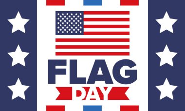 ABD 'de Ulusal Bayrak Günü. ABD 'de yıllık 14 Haziran tatili kutlandı. Amerikan bayrağıyla vatansever tarzı tasarım. Poster, tebrik kartı, afiş ve geçmiş. Vektör illüstrasyonu