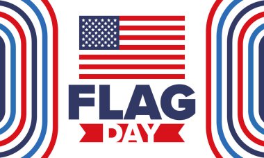 ABD 'de Ulusal Bayrak Günü. ABD 'de yıllık 14 Haziran tatili kutlandı. Amerikan bayrağıyla vatansever tarzı tasarım. Poster, tebrik kartı, afiş ve geçmiş. Vektör illüstrasyonu