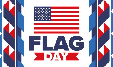 ABD 'de Ulusal Bayrak Günü. ABD 'de yıllık 14 Haziran tatili kutlandı. Amerikan bayrağıyla vatansever tarzı tasarım. Poster, tebrik kartı, afiş ve geçmiş. Vektör illüstrasyonu