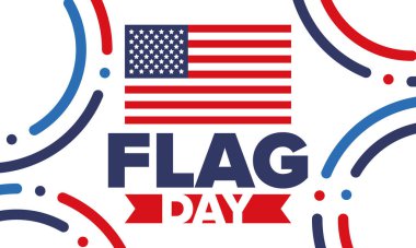 ABD 'de Ulusal Bayrak Günü. ABD 'de yıllık 14 Haziran tatili kutlandı. Amerikan bayrağıyla vatansever tarzı tasarım. Poster, tebrik kartı, afiş ve geçmiş. Vektör illüstrasyonu