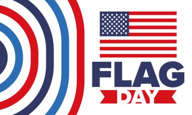 ABD 'de Ulusal Bayrak Günü. ABD 'de yıllık 14 Haziran tatili kutlandı. Amerikan bayrağıyla vatansever tarzı tasarım. Poster, tebrik kartı, afiş ve geçmiş. Vektör illüstrasyonu